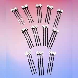 NWT Rhinestone Flower Hair Pins 12 Pack – Black Metal 1.5" Long .25" Wide
